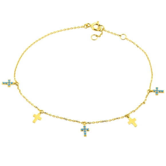 Solid 14K Yellow Gold Turquoise Cross Bracelet - Picture 2 of 3